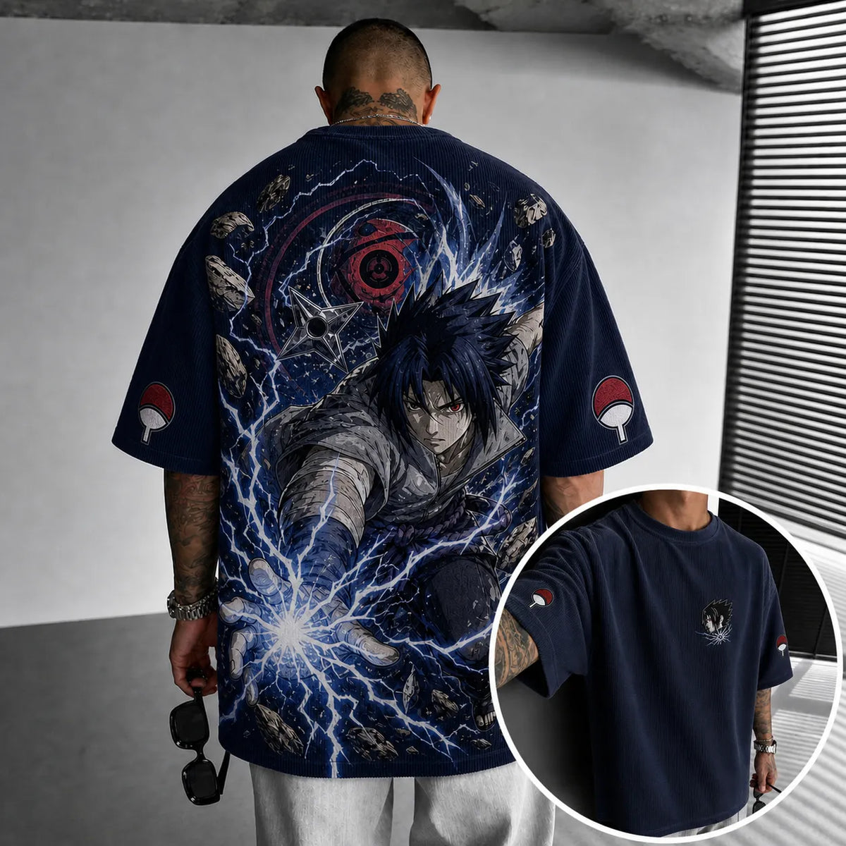 Naruto Unisex Oversized Anime-Print Vertical-Stripe Short-Sleeve T-Shirt