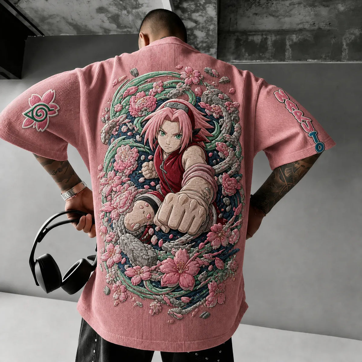 Naruto Unisex Anime-Style Retro Corduroy Oversized T-Shirt