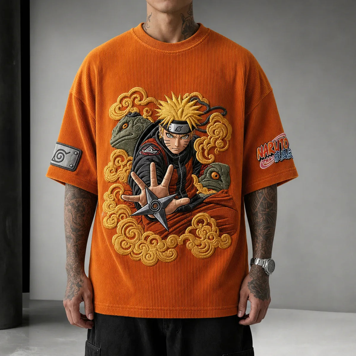 Naruto Unisex Oversized Anime-Print Vertical-Stripe Short-Sleeve T-Shirt