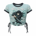 Demon Slayer Women's Slim-Fit Short-Sleeve T-Shirt With Anime Print And Side Drawstrings