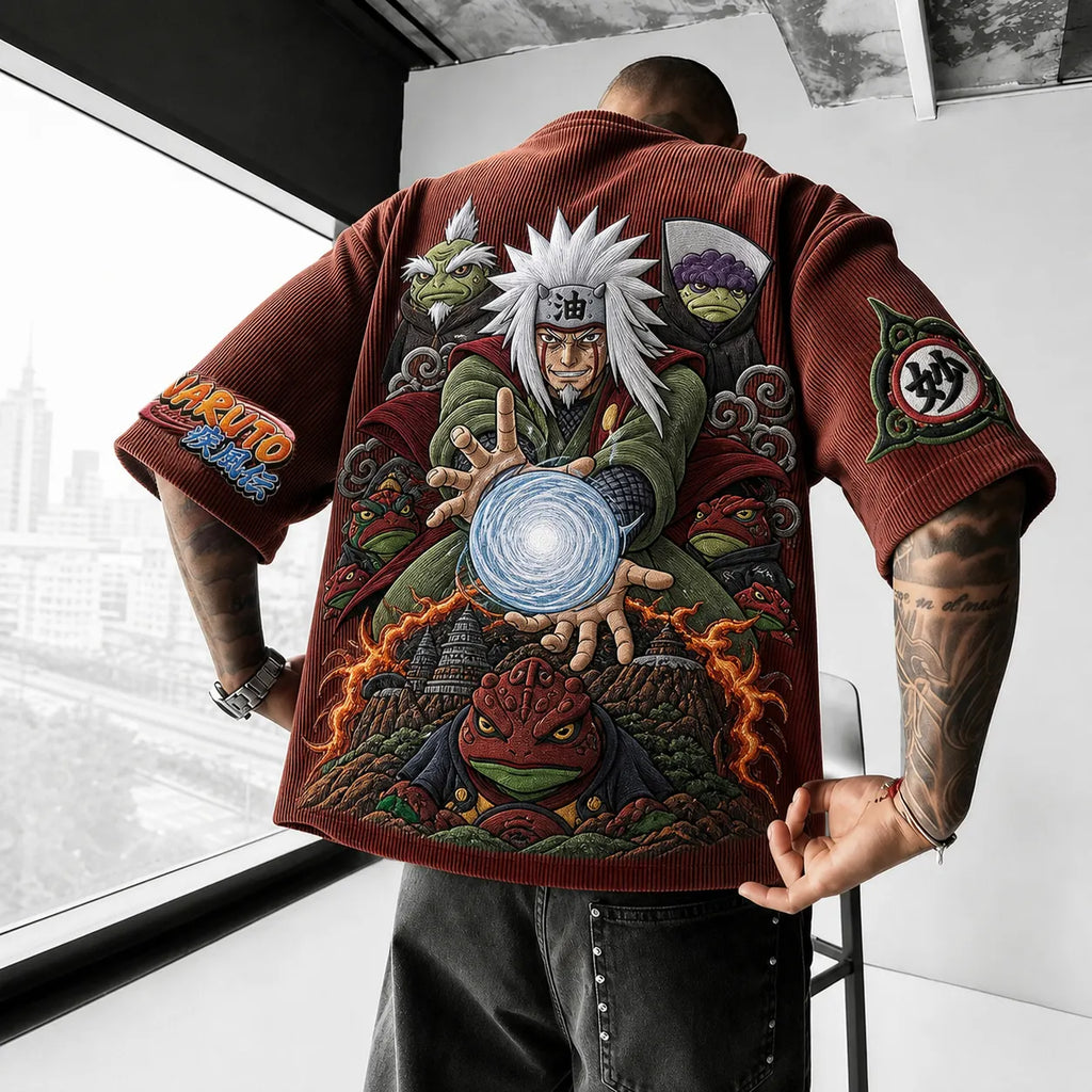 Naruto Unisex Oversized Anime-Print Vertical-Stripe Short-Sleeve T-Shirt