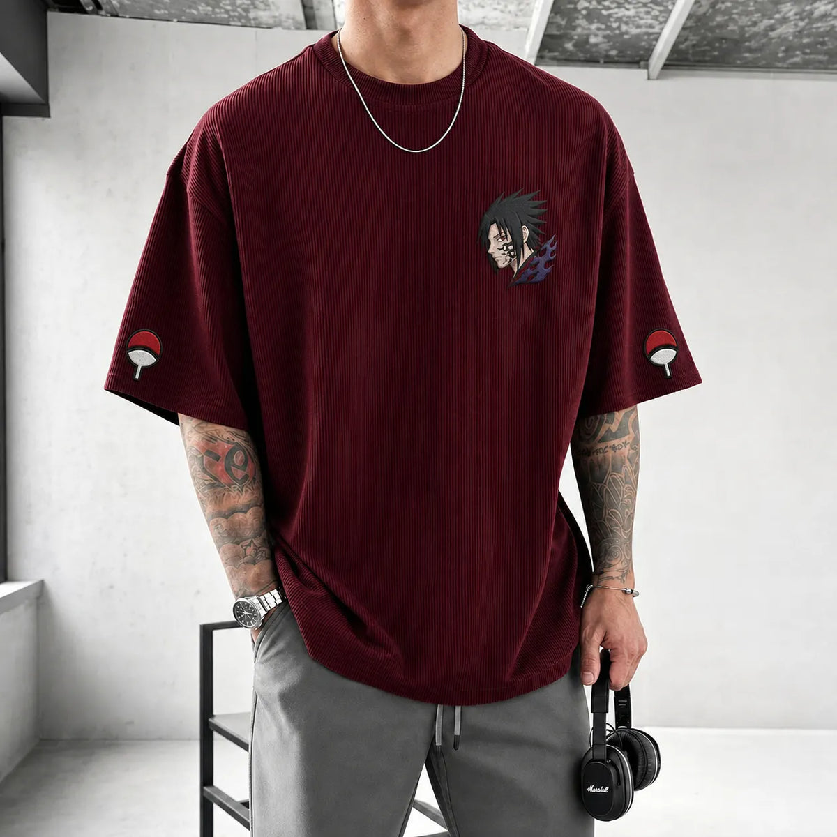 Naruto Unisex Oversized Anime-Print Vertical-Stripe Short-Sleeve T-Shirt