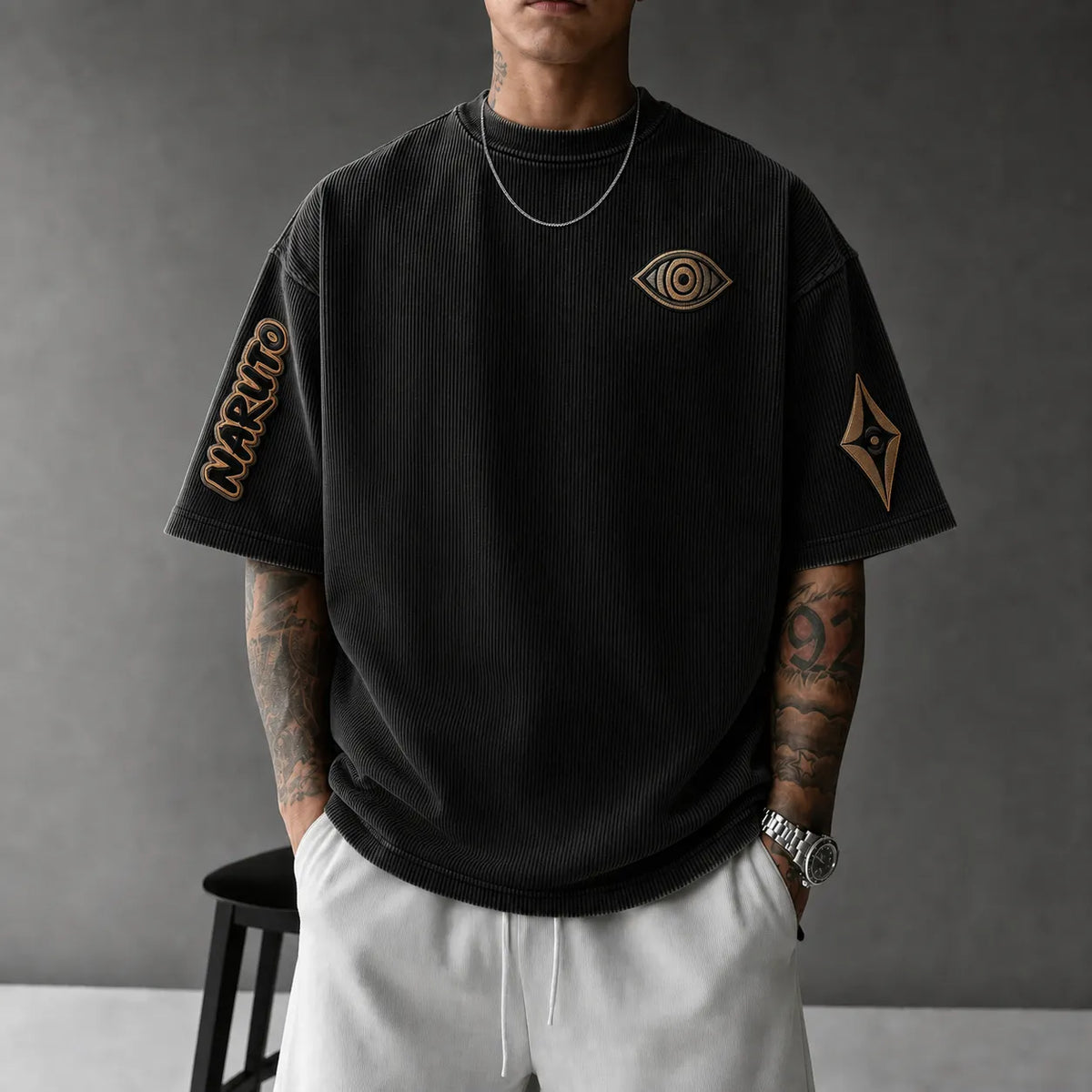 Naruto Unisex Anime-Style Retro Corduroy Oversized T-Shirt