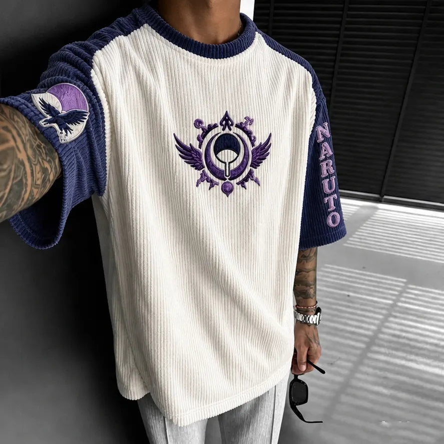 Naruto Unisex Oversized Anime-Print Vertical-Stripe Short-Sleeve T-Shirt