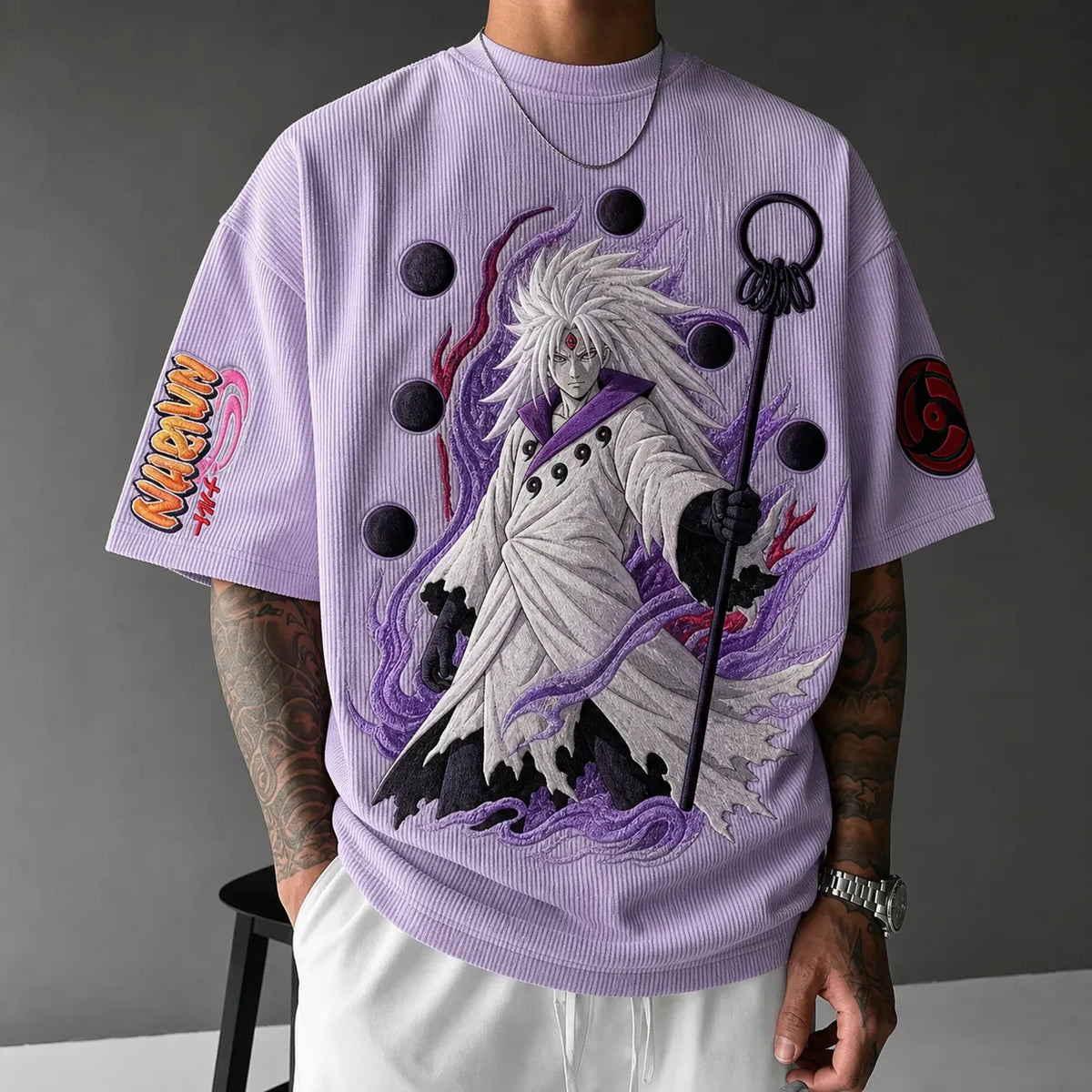 Naruto Unisex Oversized Anime-Print Vertical-Stripe Short-Sleeve T-Shirt