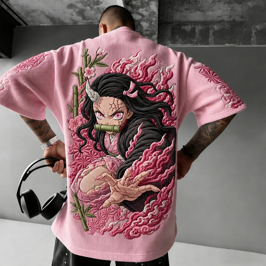 Demon Slayer Unisex Anime-Style Retro Corduroy Oversized T-Shirt