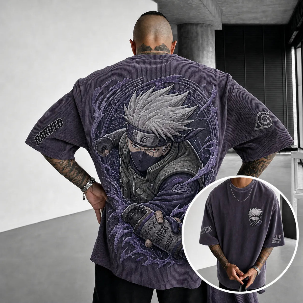 Naruto Unisex Anime-Style Retro Corduroy Oversized T-Shirt