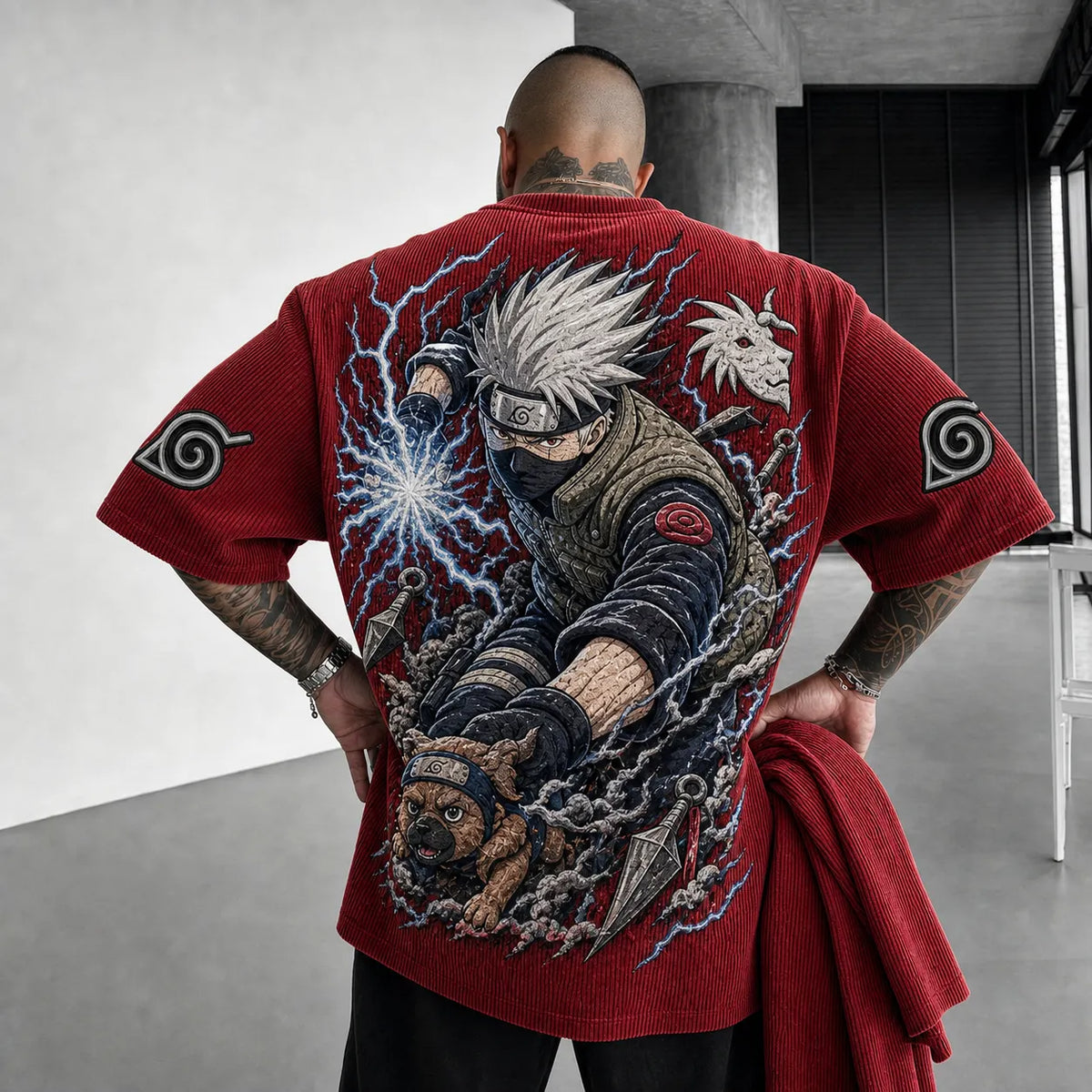 Naruto Unisex Oversized Anime-Print Vertical-Stripe Short-Sleeve T-Shirt
