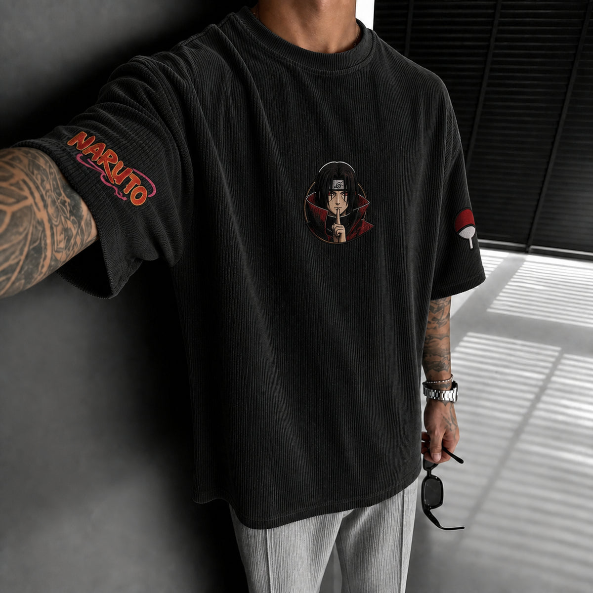 Naruto Unisex Anime-Style Retro Corduroy Oversized T-Shirt