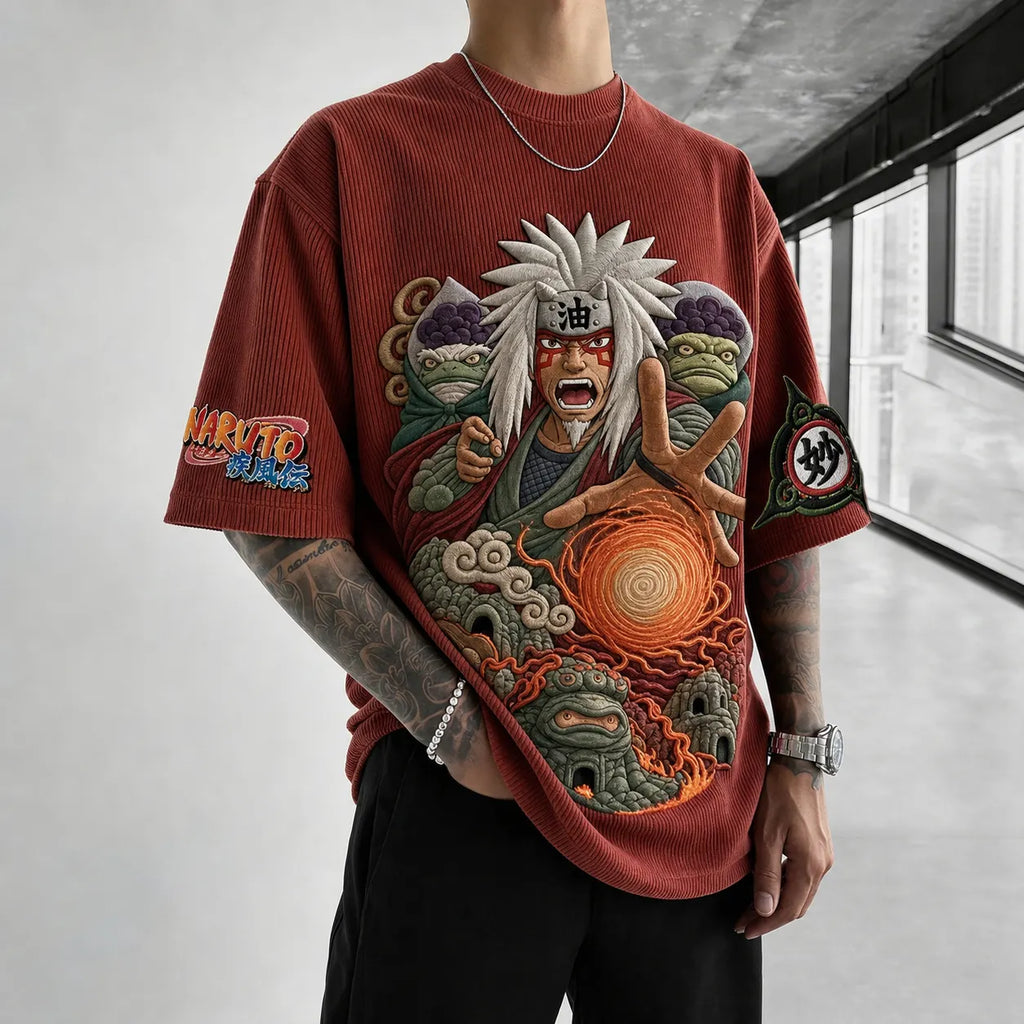Naruto Unisex Oversized Anime-Print Vertical-Stripe Short-Sleeve T-Shirt